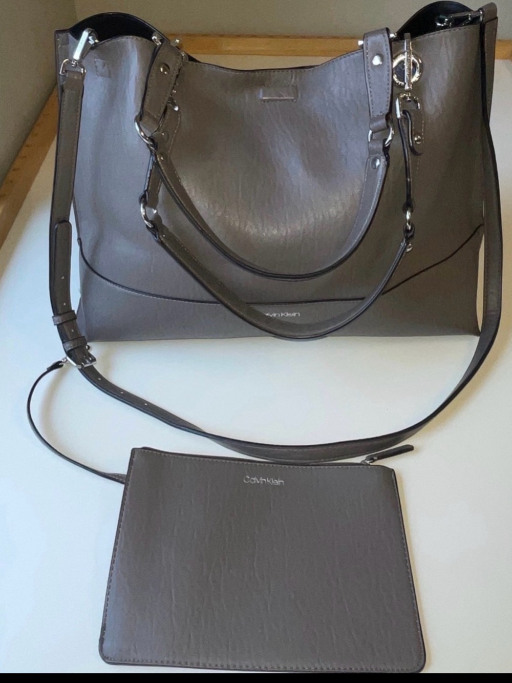 Calvin Klein Taupe Gray Leather Shoulder Tote with Matching Pouch